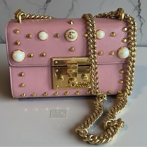 GUCCI Studded Padlock Shoulder Bag – Carmine Rose Pink, Pearls & Gold Studs